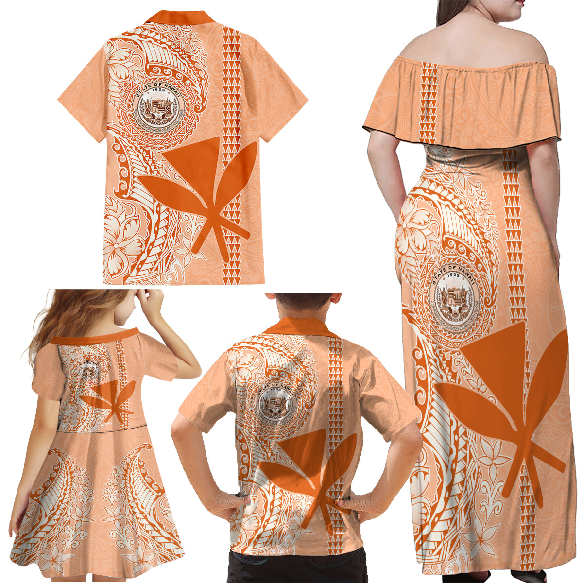 Kanaka Maoli Tropical Flowers with Kakau Tribal Family Matching Off Shoulder Maxi Dress and Hawaiian Shirt Peach Fuzz Color LT03 - Polynesian Pride