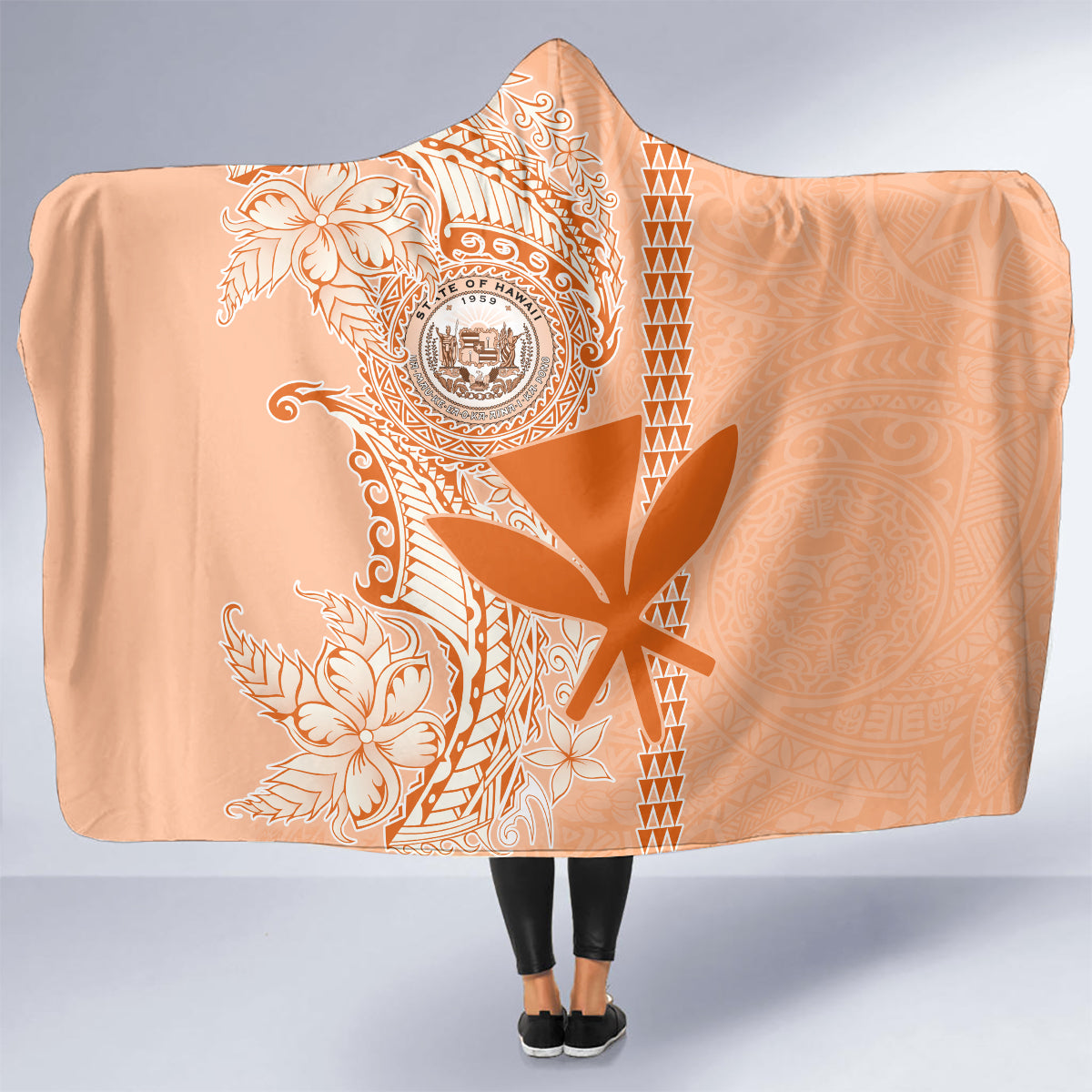Kanaka Maoli Tropical Flowers with Kakau Tribal Hooded Blanket Peach Fuzz Color LT03 - Polynesian Pride