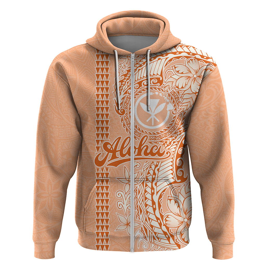 Kanaka Maoli Tropical Flowers with Kakau Tribal Hoodie Peach Fuzz Color LT03 Zip Hoodie Peach Fuzz - Polynesian Pride