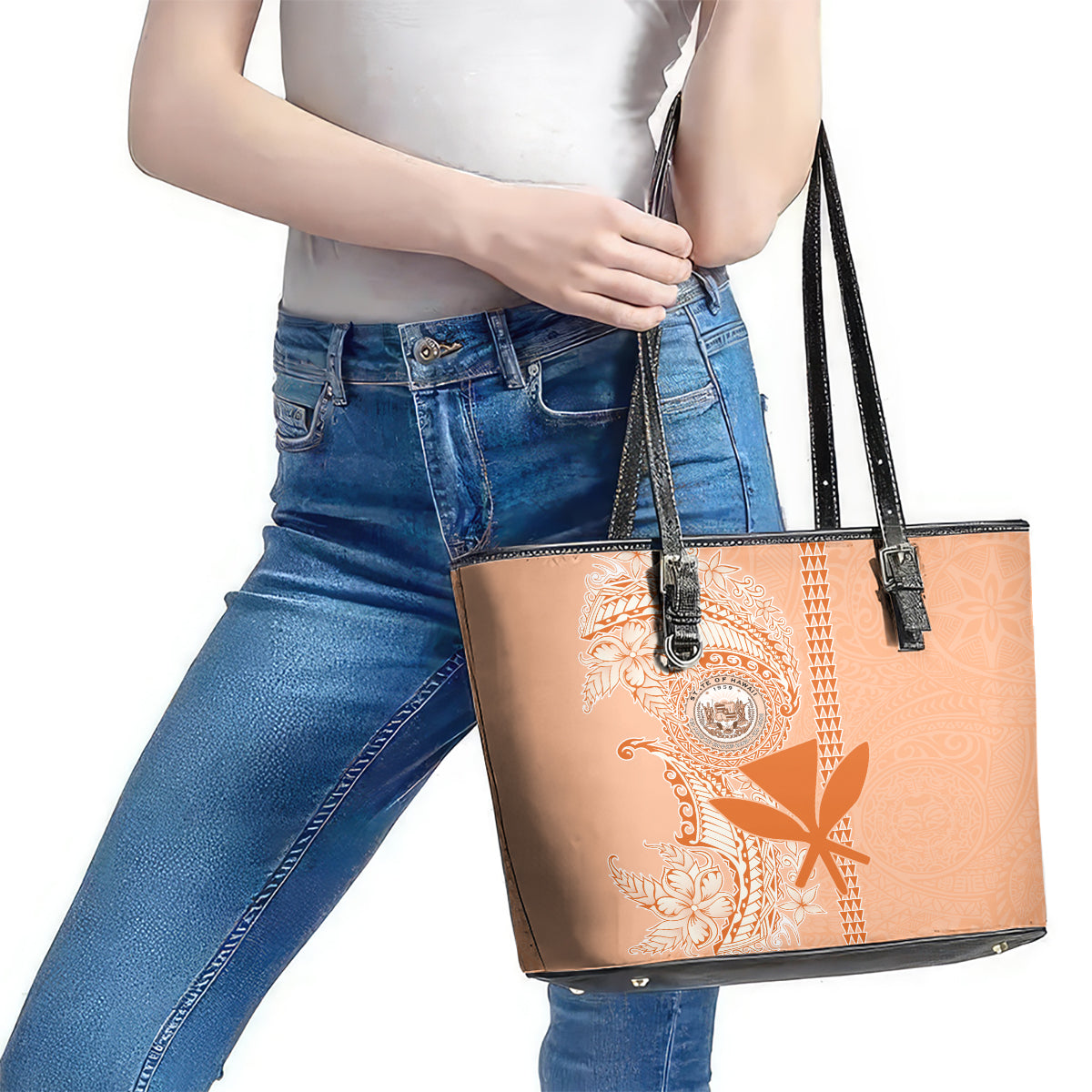 Kanaka Maoli Tropical Flowers with Kakau Tribal Leather Tote Bag Peach Fuzz Color LT03 - Polynesian Pride