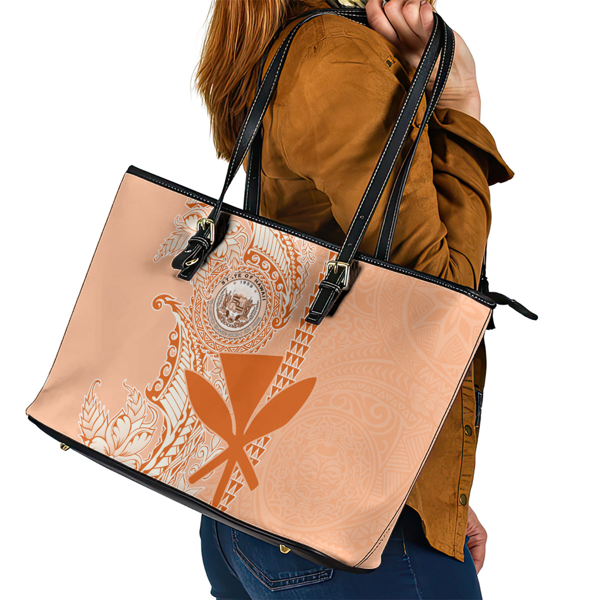 Kanaka Maoli Tropical Flowers with Kakau Tribal Leather Tote Bag Peach Fuzz Color LT03 - Polynesian Pride
