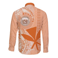 Kanaka Maoli Tropical Flowers with Kakau Tribal Long Sleeve Button Shirt Peach Fuzz Color LT03 - Polynesian Pride