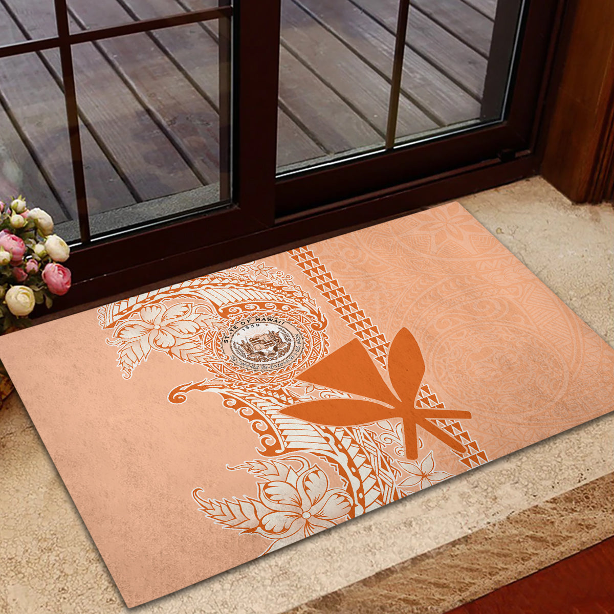 Kanaka Maoli Tropical Flowers with Kakau Tribal Rubber Doormat Peach Fuzz Color LT03 - Polynesian Pride