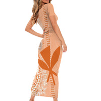 Kanaka Maoli Tropical Flowers with Kakau Tribal Short Sleeve Bodycon Dress Peach Fuzz Color LT03 - Polynesian Pride
