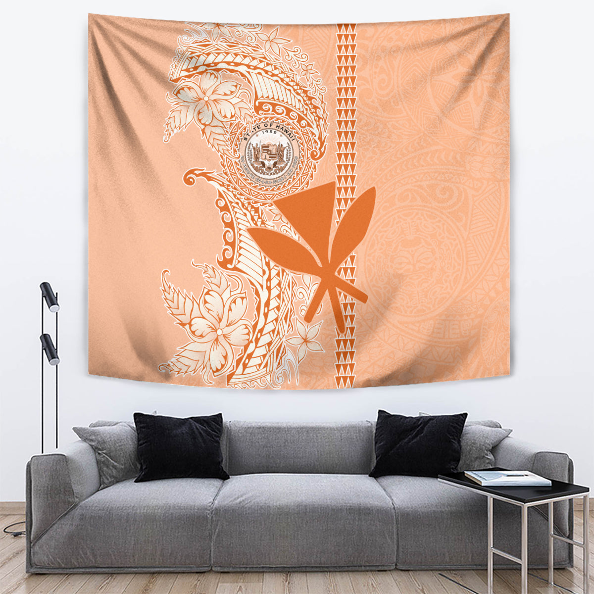 Kanaka Maoli Tropical Flowers with Kakau Tribal Tapestry Peach Fuzz Color LT03 - Polynesian Pride