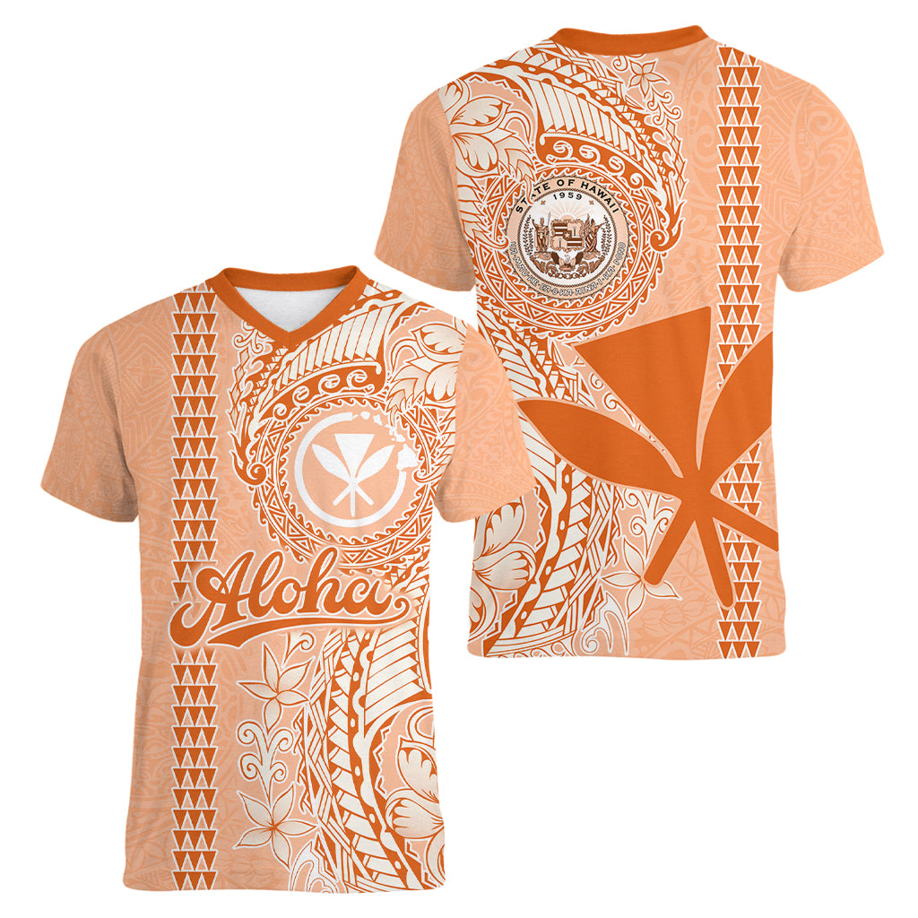 Kanaka Maoli Tropical Flowers with Kakau Tribal Women V Neck T Shirt Peach Fuzz Color LT03 - Polynesian Pride