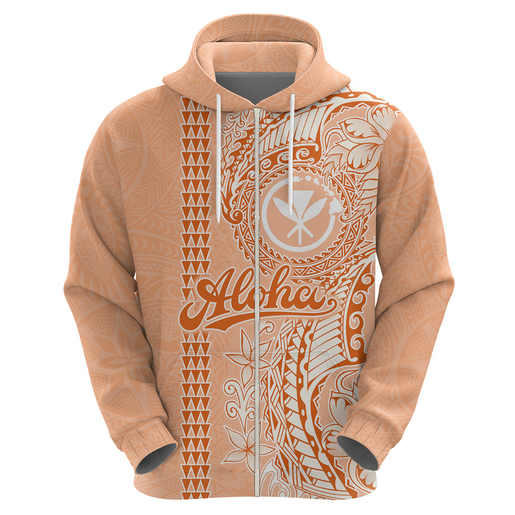 Kanaka Maoli Tropical Flowers with Kakau Tribal Zip Hoodie Peach Fuzz Color LT03 - Polynesian Pride