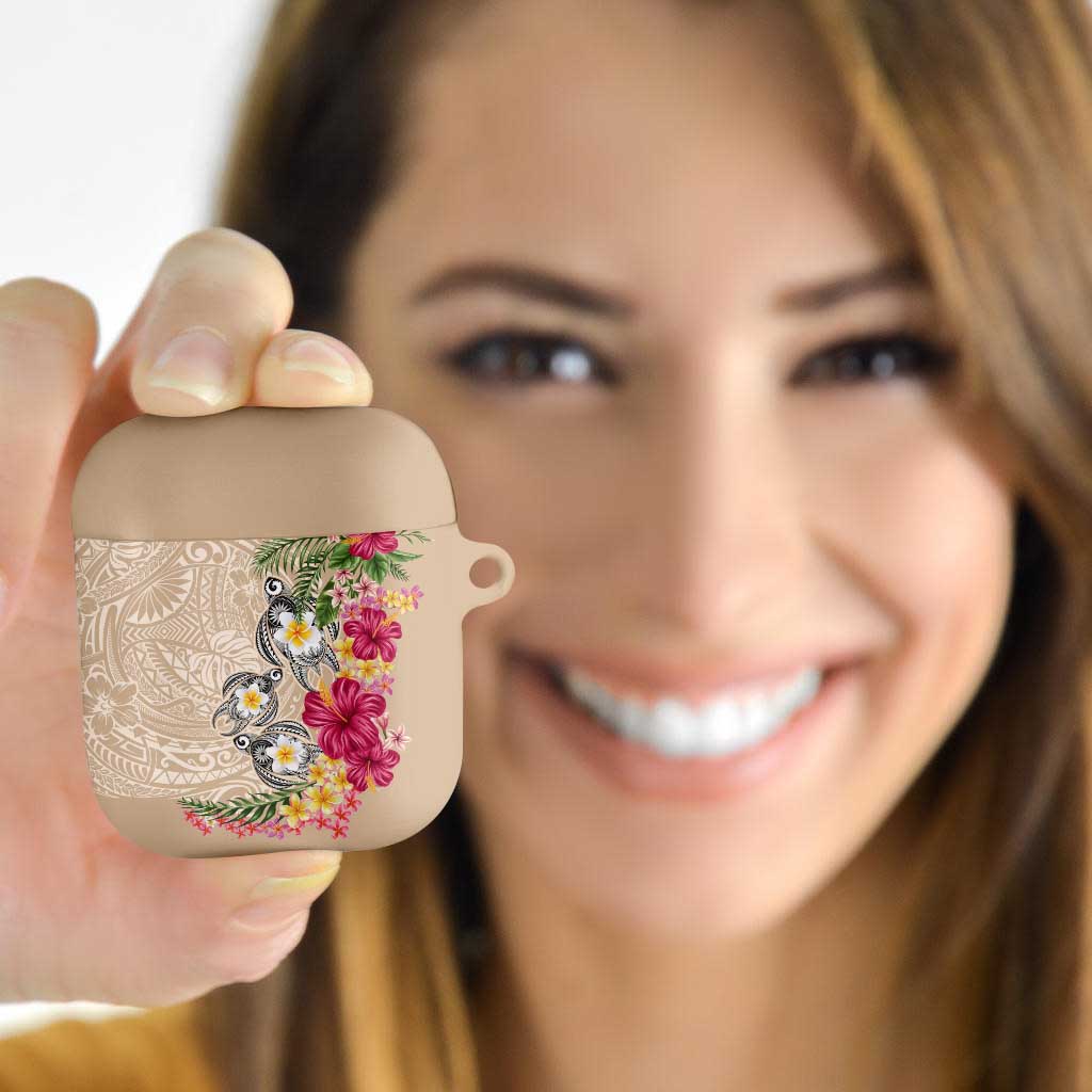 Hawaiian Tropical Flowers and Tribal Turtles AirPods Case Polynesian Art Motifs Beige Color - Polynesian Pride