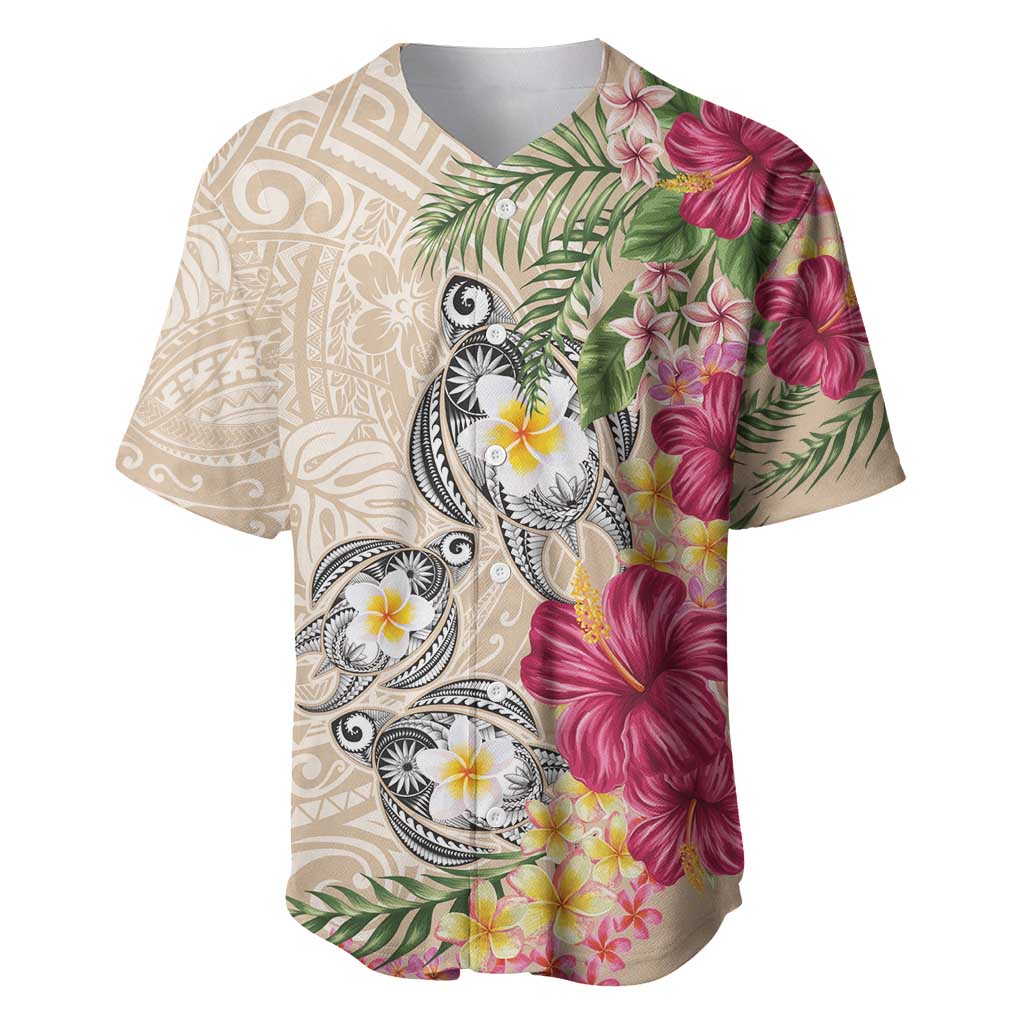 Hawaiian Tropical Flowers and Tribal Turtles Baseball Jersey Polynesian Art Motifs Beige Color LT03 Beige - Polynesian Pride