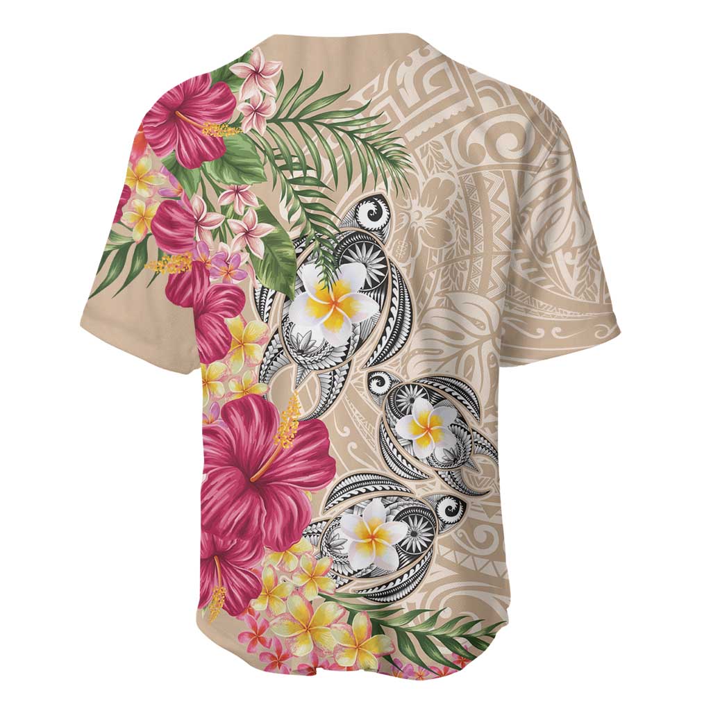 Hawaiian Tropical Flowers and Tribal Turtles Baseball Jersey Polynesian Art Motifs Beige Color LT03 - Polynesian Pride