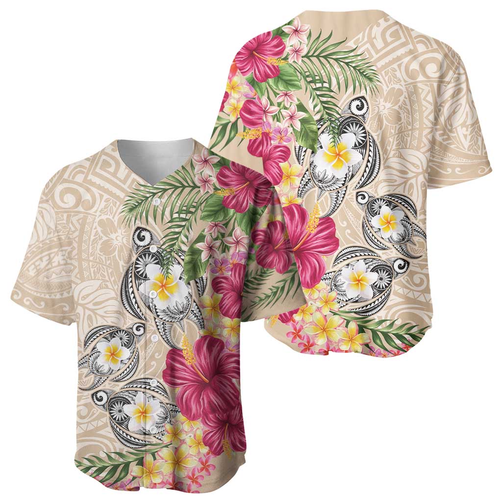 Hawaiian Tropical Flowers and Tribal Turtles Baseball Jersey Polynesian Art Motifs Beige Color LT03 - Polynesian Pride