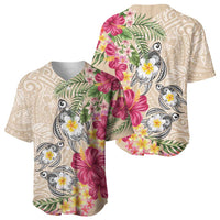 Hawaiian Tropical Flowers and Tribal Turtles Baseball Jersey Polynesian Art Motifs Beige Color LT03 - Polynesian Pride
