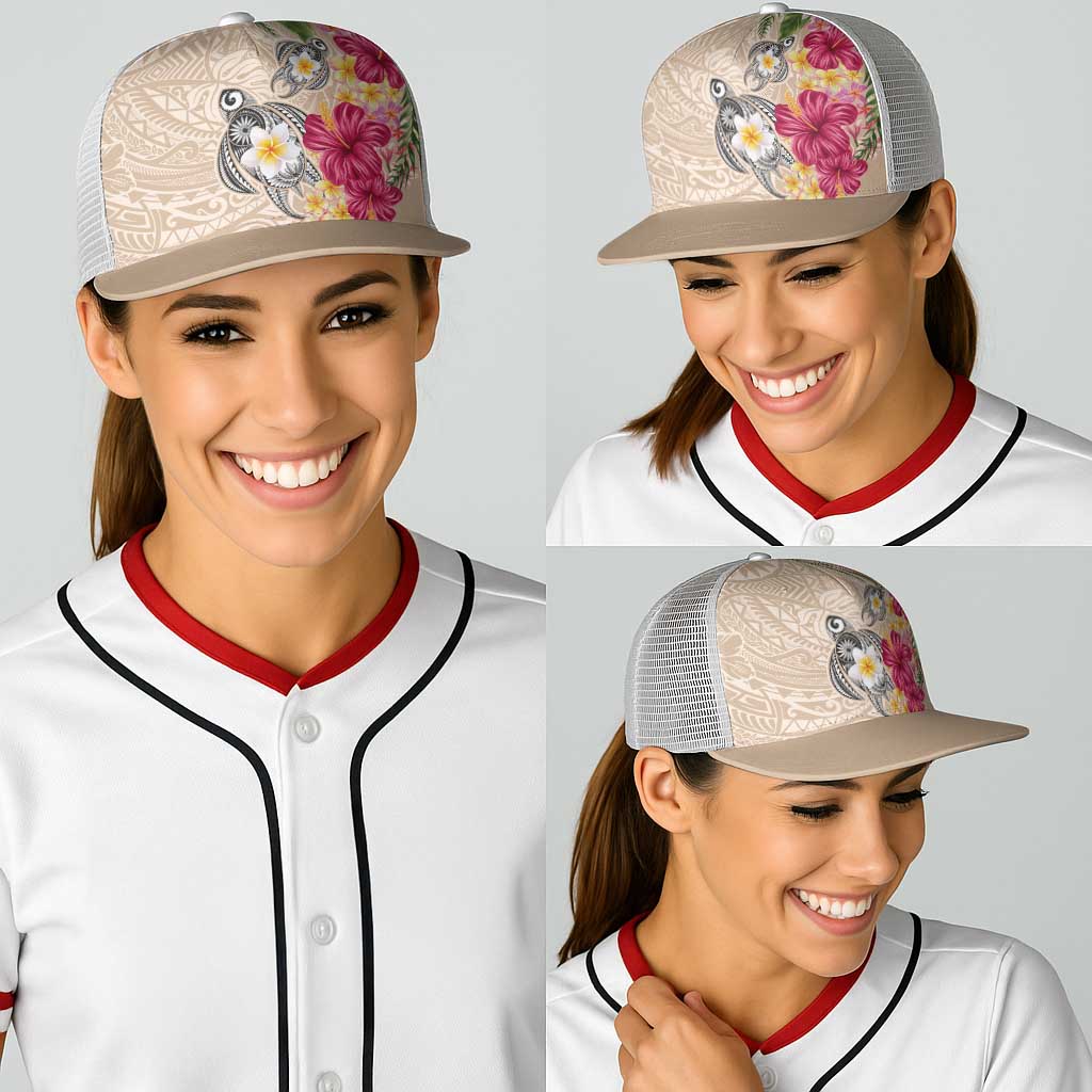 Hawaiian Tropical Flowers and Tribal Turtles Baseball Net Cap Polynesian Art Motifs Beige Color - Polynesian Pride