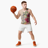 Hawaiian Tropical Flowers and Tribal Turtles Basketball Jersey Polynesian Art Motifs Beige Color - Polynesian Pride