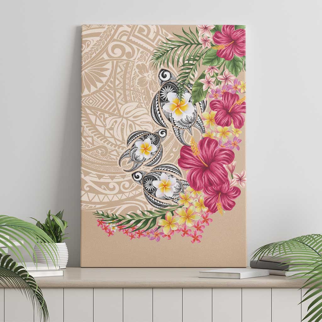 Hawaiian Tropical Flowers and Tribal Turtles Canvas Wall Art Polynesian Art Motifs Beige Color LT03 - Polynesian Pride