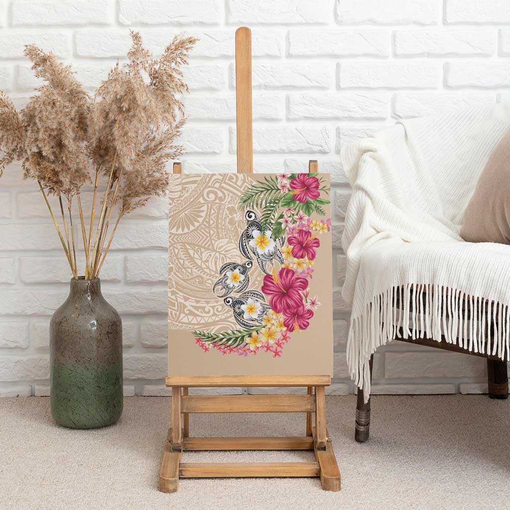 Hawaiian Tropical Flowers and Tribal Turtles Canvas Wall Art Polynesian Art Motifs Beige Color LT03 - Polynesian Pride