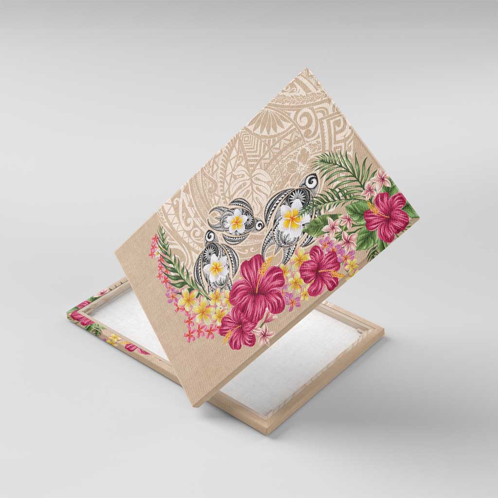 Hawaiian Tropical Flowers and Tribal Turtles Canvas Wall Art Polynesian Art Motifs Beige Color LT03 With Frame Beige - Polynesian Pride