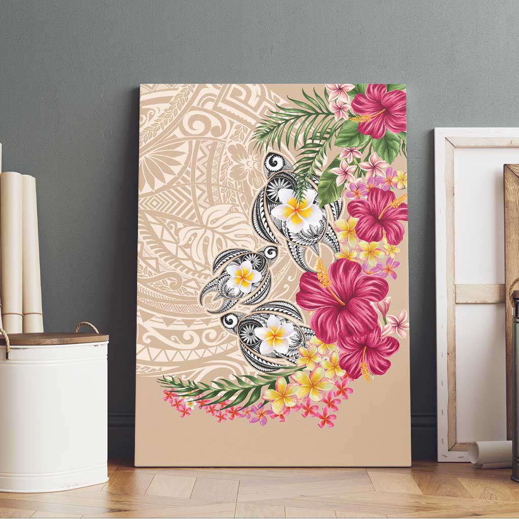 Hawaiian Tropical Flowers and Tribal Turtles Canvas Wall Art Polynesian Art Motifs Beige Color LT03 - Polynesian Pride