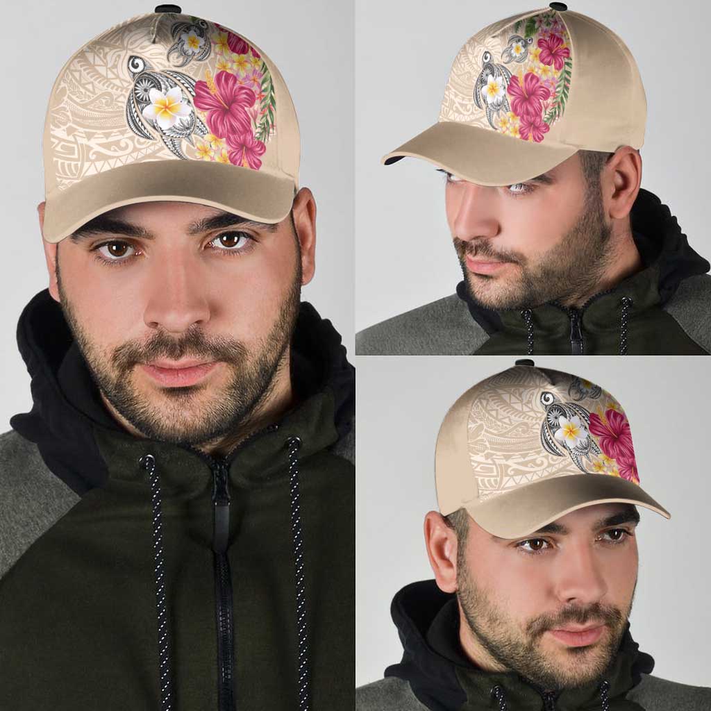 Hawaiian Tropical Flowers and Tribal Turtles Classic Cap Polynesian Art Motifs Beige Color - Polynesian Pride