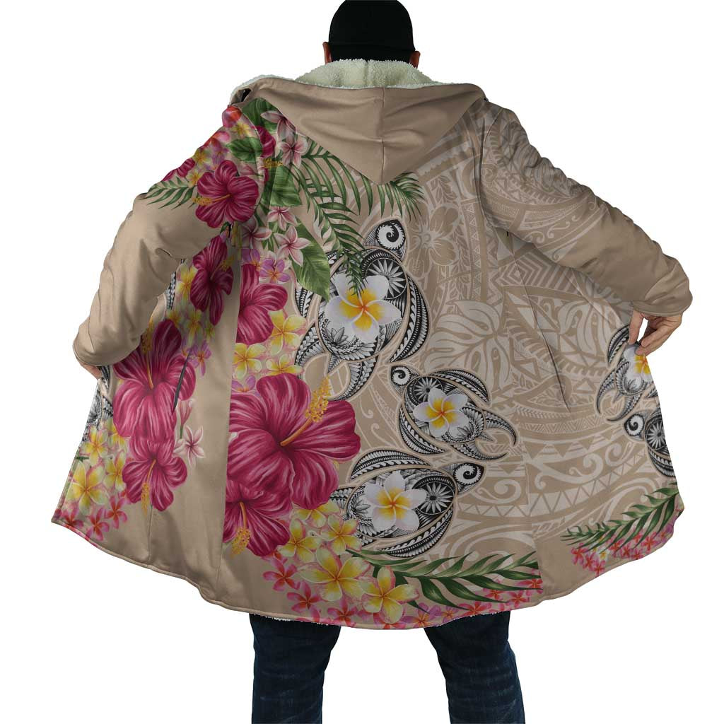 Hawaiian Tropical Flowers and Tribal Turtles Cloak Polynesian Art Motifs Beige Color LT03 - Polynesian Pride