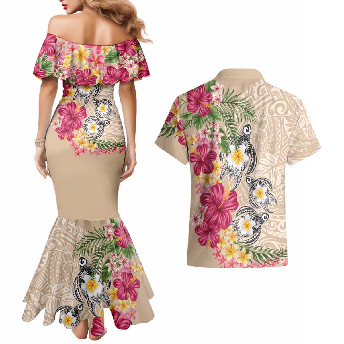 Hawaiian Tropical Flowers and Tribal Turtles Couples Matching Mermaid Dress and Hawaiian Shirt Polynesian Art Motifs Beige Color - Polynesian Pride