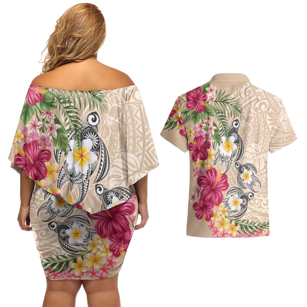 Hawaiian Tropical Flowers and Tribal Turtles Couples Matching Off Shoulder Short Dress and Hawaiian Shirt Polynesian Art Motifs Beige Color - Polynesian Pride