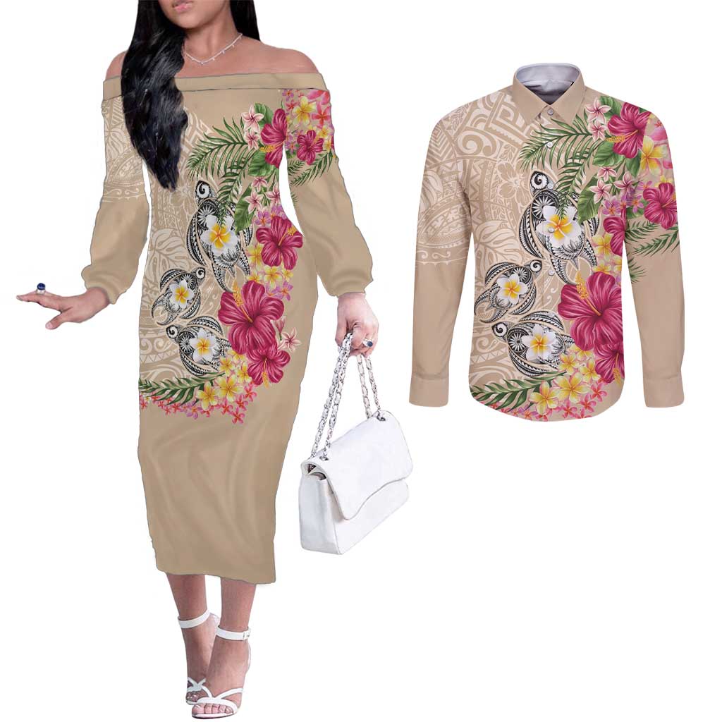 Hawaiian Tropical Flowers and Tribal Turtles Couples Matching Off The Shoulder Long Sleeve Dress and Long Sleeve Button Shirt Polynesian Art Motifs Beige Color LT03 Beige - Polynesian Pride