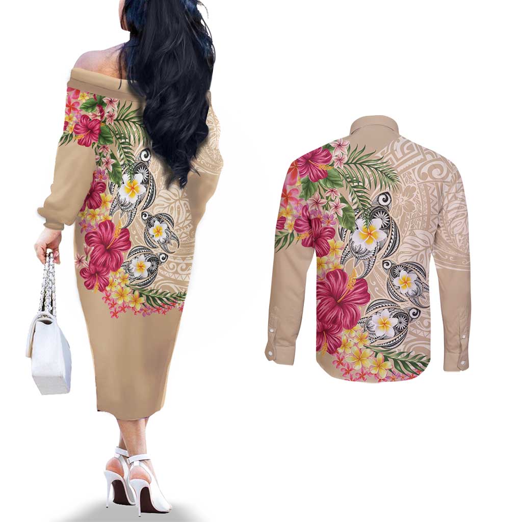 Hawaiian Tropical Flowers and Tribal Turtles Couples Matching Off The Shoulder Long Sleeve Dress and Long Sleeve Button Shirt Polynesian Art Motifs Beige Color LT03 - Polynesian Pride