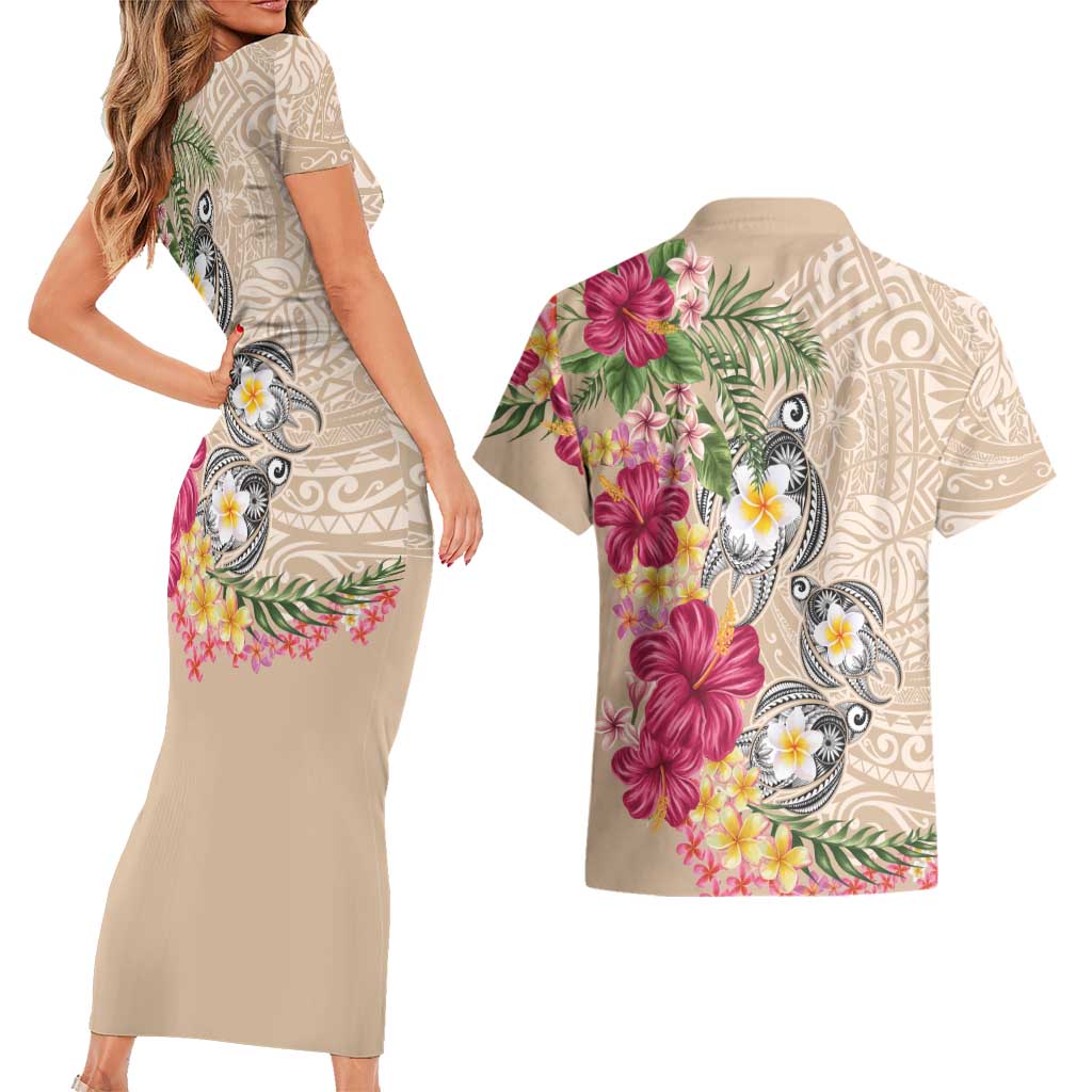 Hawaiian Tropical Flowers and Tribal Turtles Couples Matching Short Sleeve Bodycon Dress and Hawaiian Shirt Polynesian Art Motifs Beige Color - Polynesian Pride