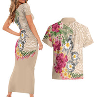 Hawaiian Tropical Flowers and Tribal Turtles Couples Matching Short Sleeve Bodycon Dress and Hawaiian Shirt Polynesian Art Motifs Beige Color - Polynesian Pride
