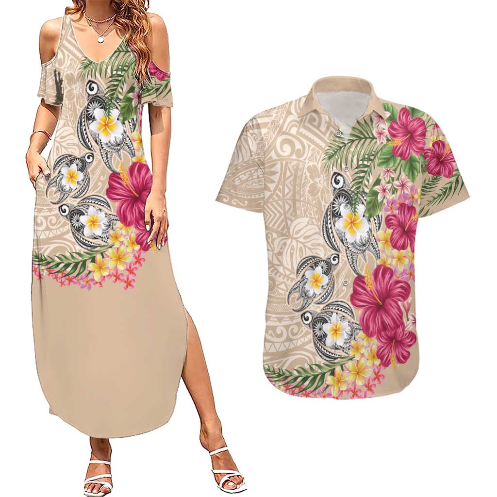 Hawaiian Tropical Flowers and Tribal Turtles Couples Matching Summer Maxi Dress and Hawaiian Shirt Polynesian Art Motifs Beige Color LT03 Beige - Polynesian Pride
