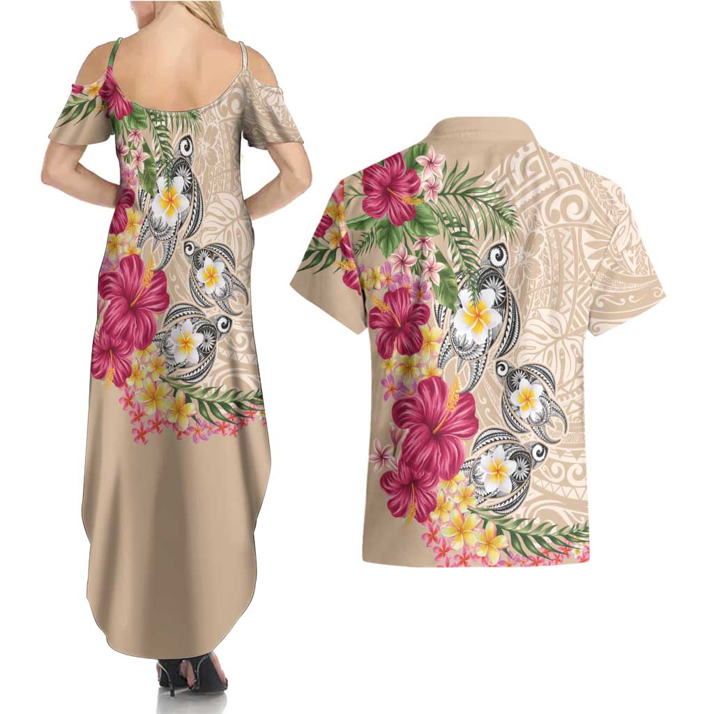 Hawaiian Tropical Flowers and Tribal Turtles Couples Matching Summer Maxi Dress and Hawaiian Shirt Polynesian Art Motifs Beige Color LT03 - Polynesian Pride