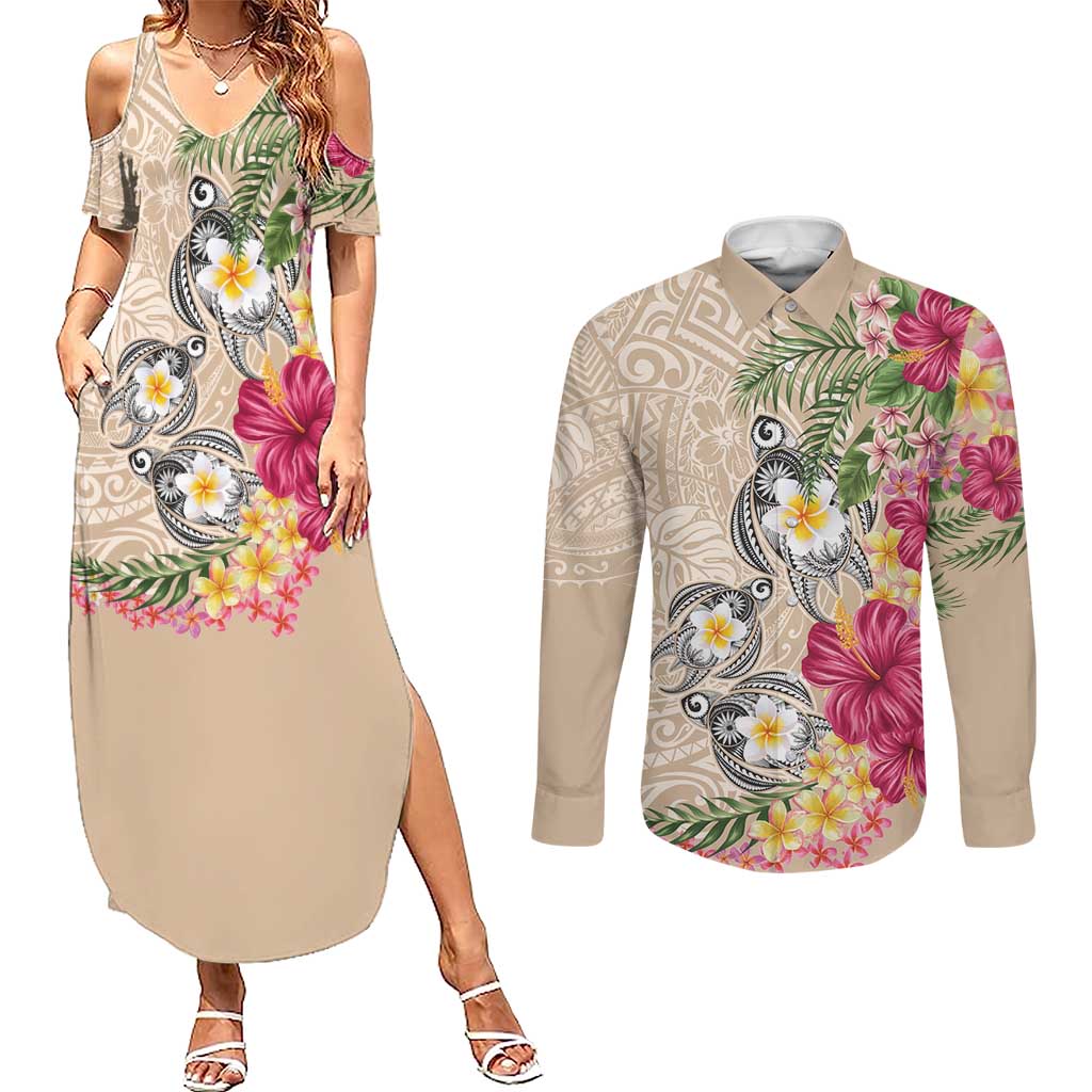 Hawaiian Tropical Flowers and Tribal Turtles Couples Matching Summer Maxi Dress and Long Sleeve Button Shirt Polynesian Art Motifs Beige Color - Polynesian Pride