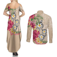 Hawaiian Tropical Flowers and Tribal Turtles Couples Matching Summer Maxi Dress and Long Sleeve Button Shirt Polynesian Art Motifs Beige Color - Polynesian Pride