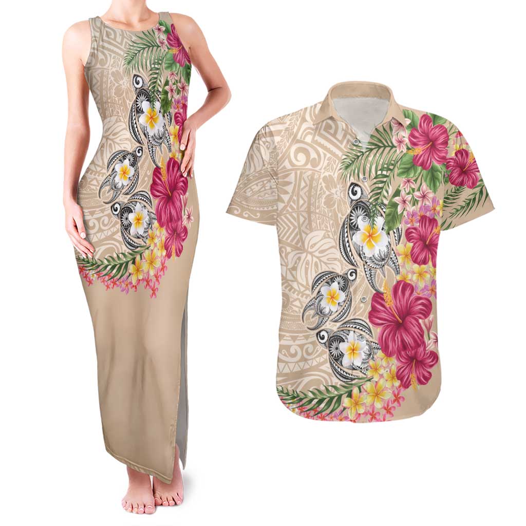 Hawaiian Tropical Flowers and Tribal Turtles Couples Matching Tank Maxi Dress and Hawaiian Shirt Polynesian Art Motifs Beige Color - Polynesian Pride