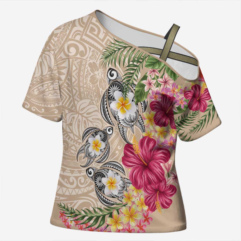 Hawaiian Tropical Flowers and Tribal Turtles Cross Shoulder Shirt Polynesian Art Motifs Beige Color - Polynesian Pride