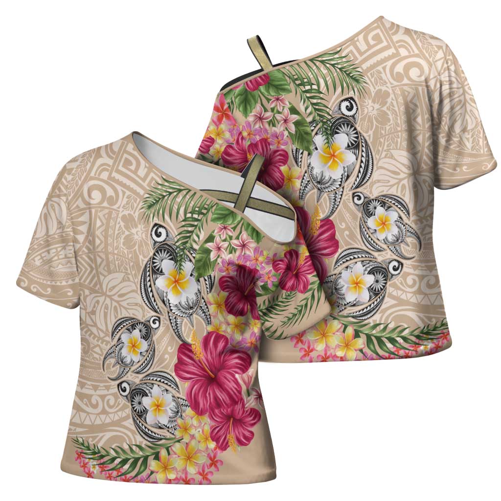 Hawaiian Tropical Flowers and Tribal Turtles Cross Shoulder Shirt Polynesian Art Motifs Beige Color - Polynesian Pride