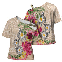 Hawaiian Tropical Flowers and Tribal Turtles Cross Shoulder Shirt Polynesian Art Motifs Beige Color - Polynesian Pride