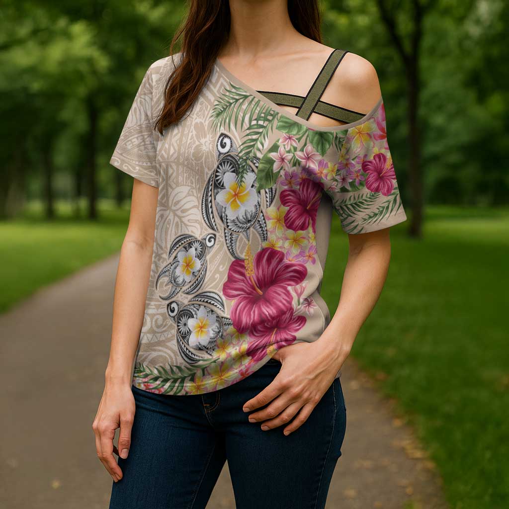 Hawaiian Tropical Flowers and Tribal Turtles Cross Shoulder Shirt Polynesian Art Motifs Beige Color - Polynesian Pride