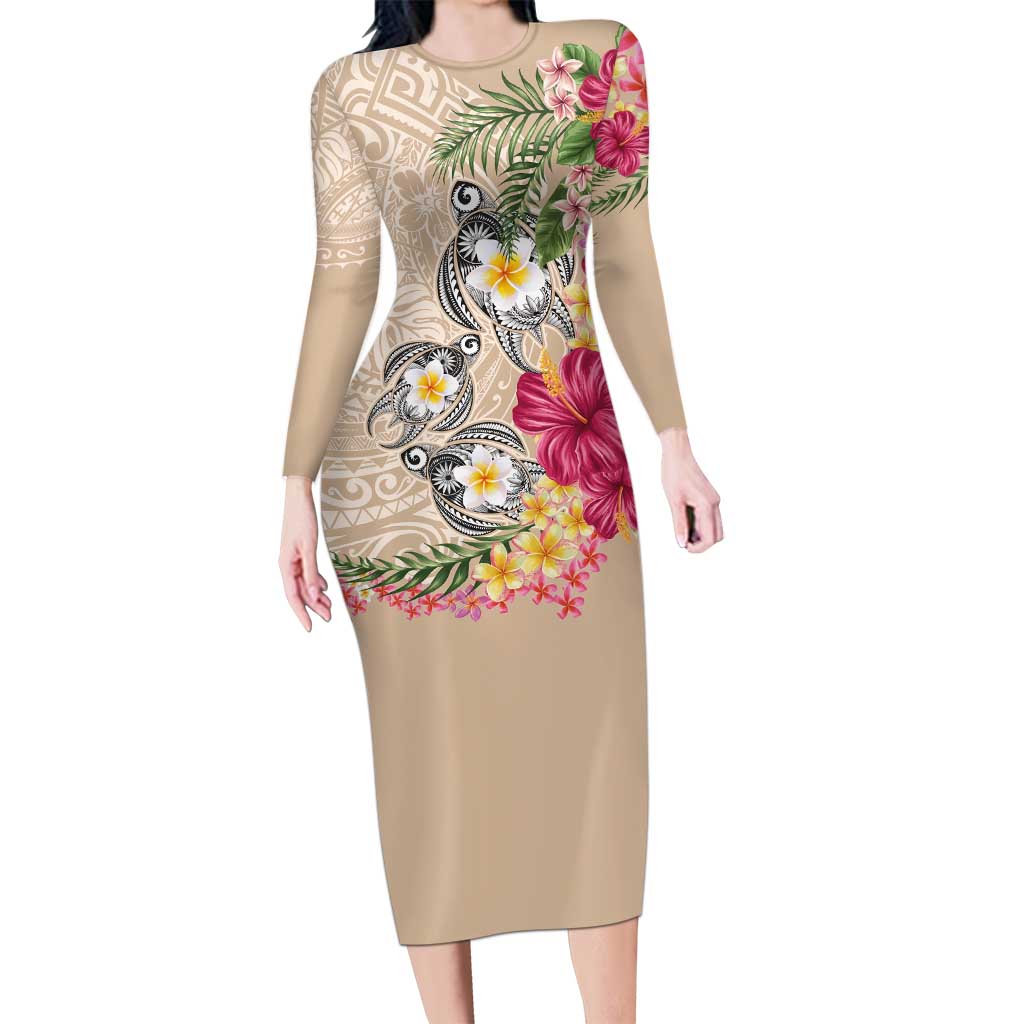 Hawaiian Tropical Flowers and Tribal Turtles Family Matching Long Sleeve Bodycon Dress and Hawaiian Shirt Polynesian Art Motifs Beige Color - Polynesian Pride