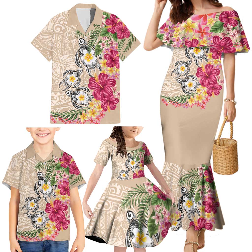 Hawaiian Tropical Flowers and Tribal Turtles Family Matching Mermaid Dress and Hawaiian Shirt Polynesian Art Motifs Beige Color - Polynesian Pride