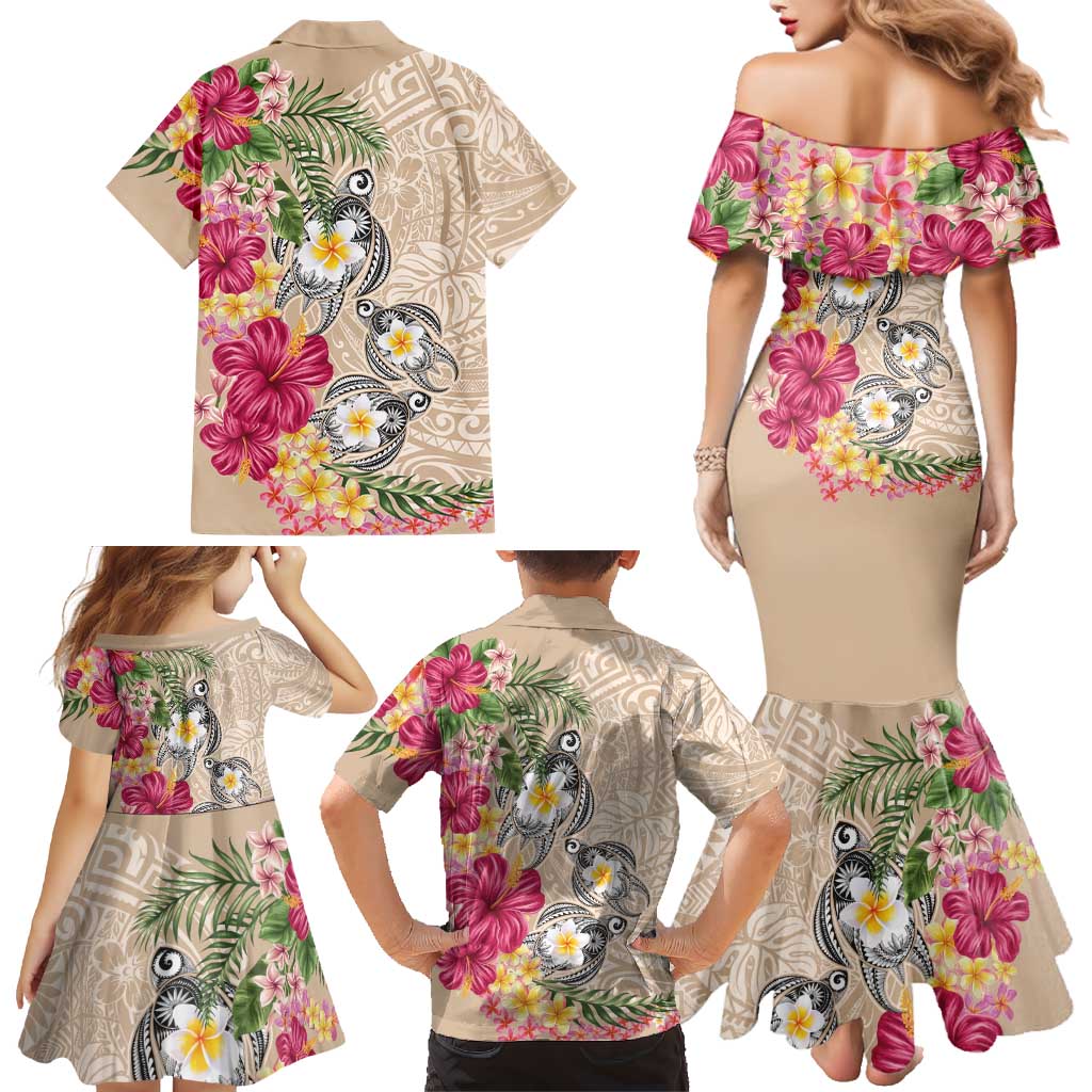 Hawaiian Tropical Flowers and Tribal Turtles Family Matching Mermaid Dress and Hawaiian Shirt Polynesian Art Motifs Beige Color - Polynesian Pride
