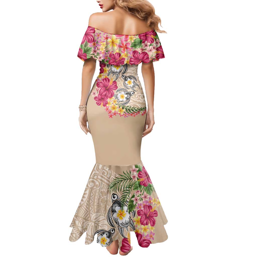 Hawaiian Tropical Flowers and Tribal Turtles Family Matching Mermaid Dress and Hawaiian Shirt Polynesian Art Motifs Beige Color - Polynesian Pride