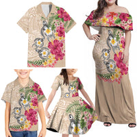 Hawaiian Tropical Flowers and Tribal Turtles Family Matching Off Shoulder Maxi Dress and Hawaiian Shirt Polynesian Art Motifs Beige Color - Polynesian Pride