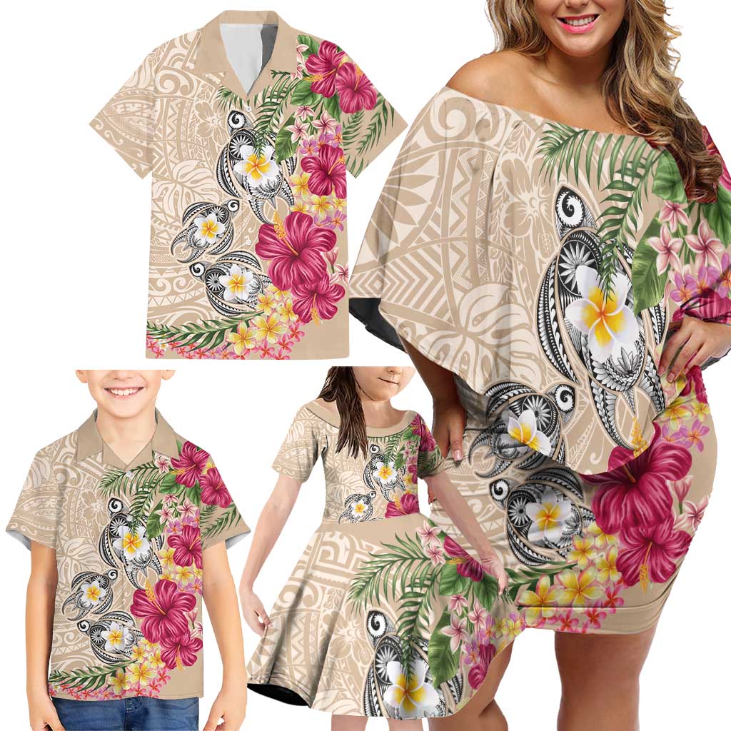 Hawaiian Tropical Flowers and Tribal Turtles Family Matching Off Shoulder Short Dress and Hawaiian Shirt Polynesian Art Motifs Beige Color - Polynesian Pride