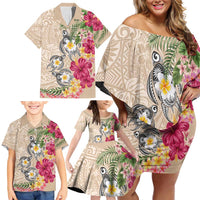 Hawaiian Tropical Flowers and Tribal Turtles Family Matching Off Shoulder Short Dress and Hawaiian Shirt Polynesian Art Motifs Beige Color - Polynesian Pride