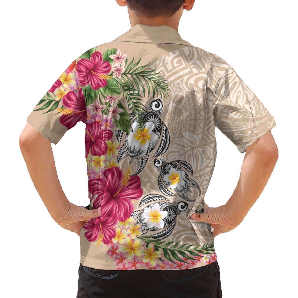 Hawaiian Tropical Flowers and Tribal Turtles Family Matching Puletasi and Hawaiian Shirt Polynesian Art Motifs Beige Color LT03 - Polynesian Pride