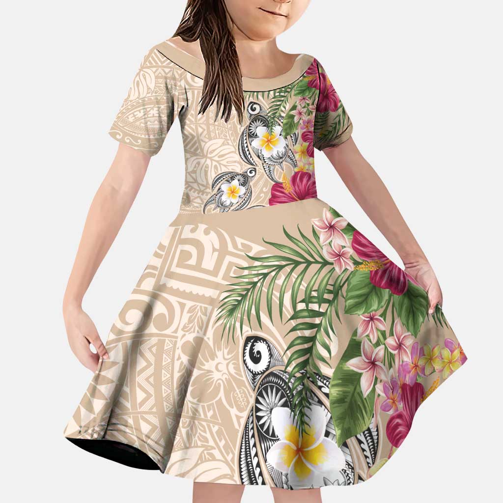 Hawaiian Tropical Flowers and Tribal Turtles Family Matching Puletasi and Hawaiian Shirt Polynesian Art Motifs Beige Color LT03 Daughter's Dress Beige - Polynesian Pride