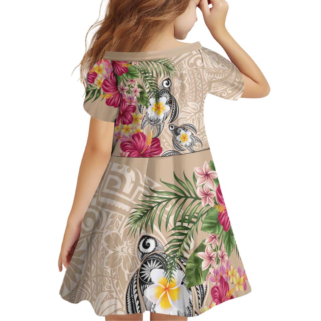 Hawaiian Tropical Flowers and Tribal Turtles Family Matching Puletasi and Hawaiian Shirt Polynesian Art Motifs Beige Color LT03 - Polynesian Pride