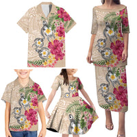 Hawaiian Tropical Flowers and Tribal Turtles Family Matching Puletasi and Hawaiian Shirt Polynesian Art Motifs Beige Color LT03 - Polynesian Pride